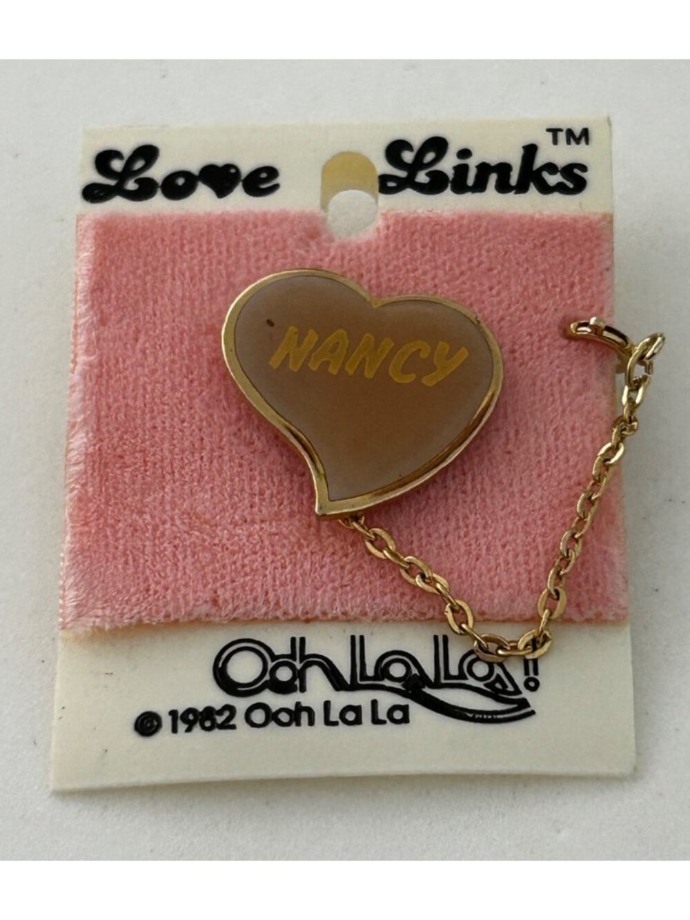 Love Links 1982 Ooh La La Heart Pin Chain Nancy Nameplate Gold Tone Vintage
